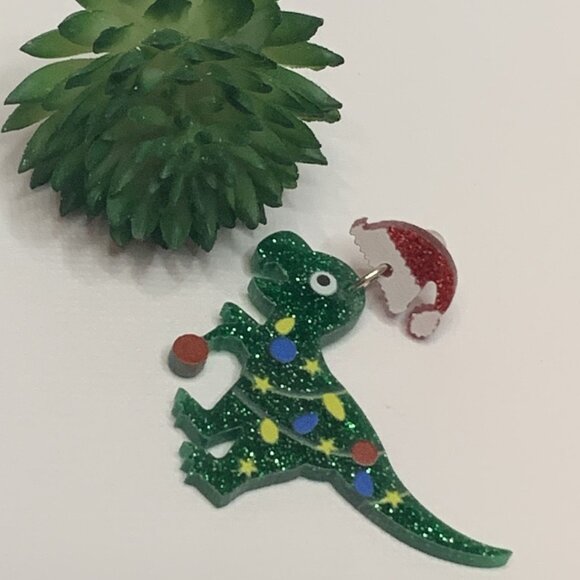 Dinosaur Earring, Santa Earring, Christmas Earring, Gift Idea, Holiday Earring - Picture 2 of 4